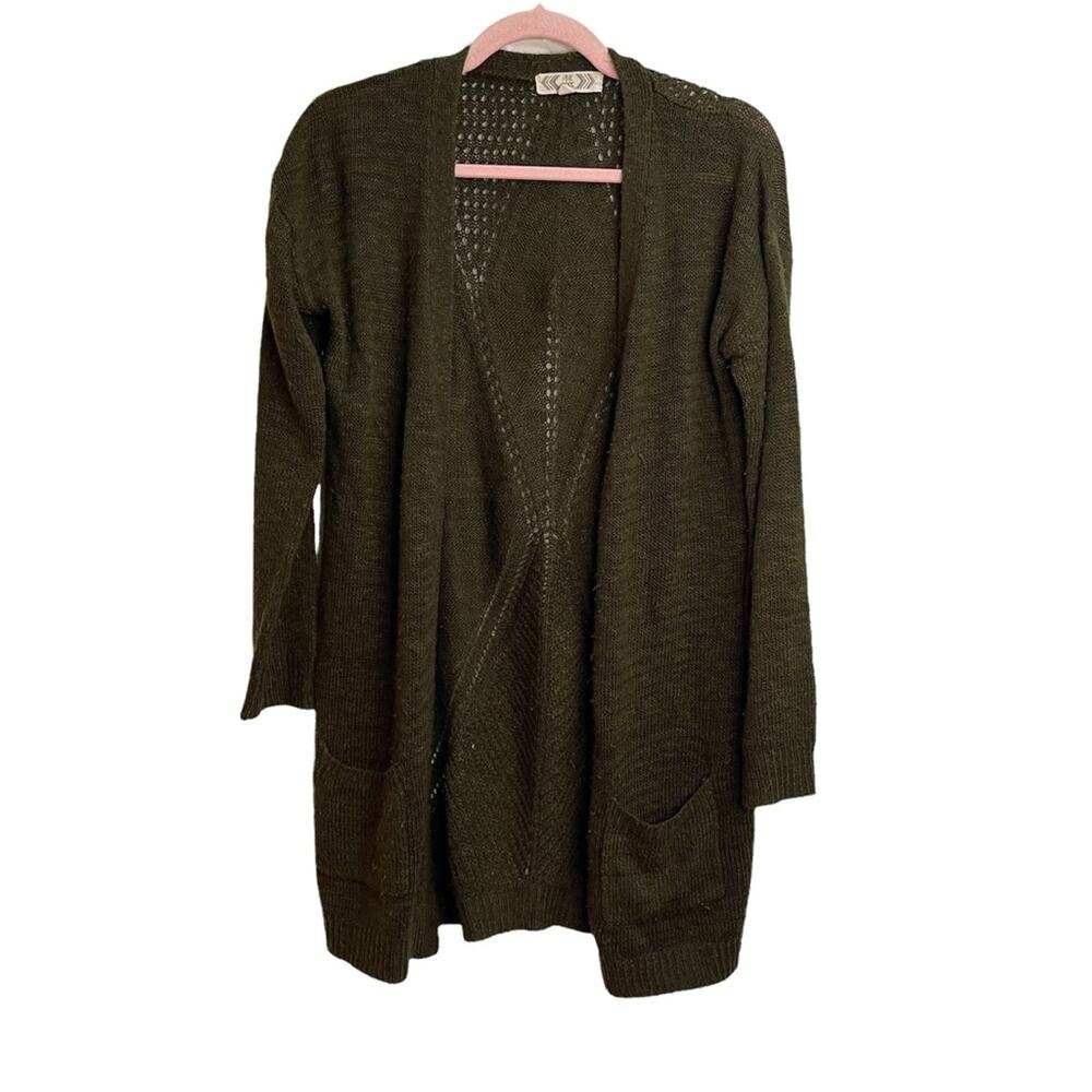 Pink Rose Green Open Front Cardigan